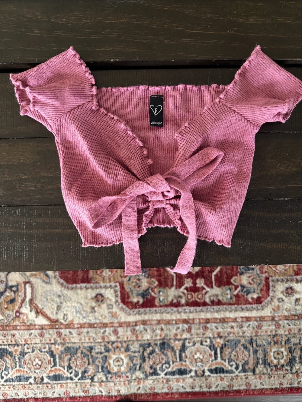 Windsor Pink Ribbed Knit Tie Front Cropped Top